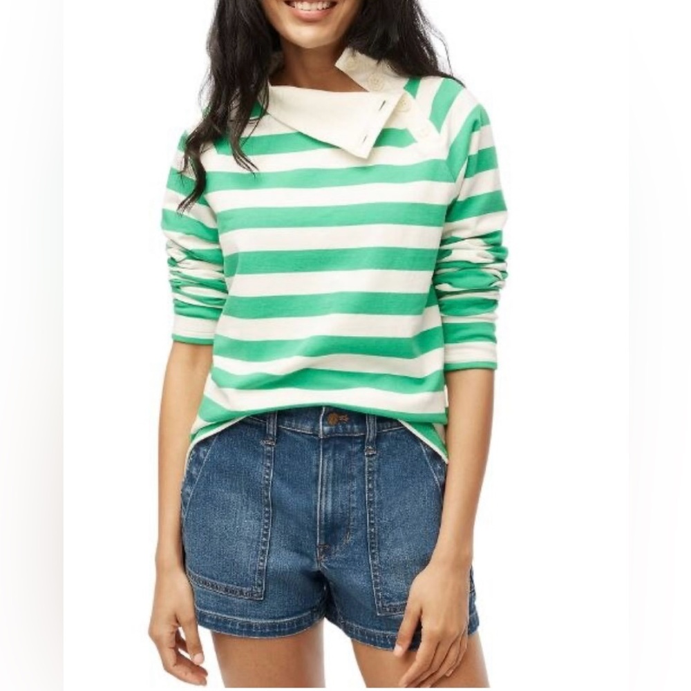 J Crew Women’s Striped Wide Button-collar Pullover Sweatshirt Size XL